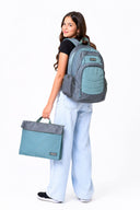 Large green grey Axis school bag and homework folder carried by teen school girl matching set library bag | Spixal