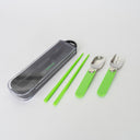 Set of green utensils including a fork and two chopsticks, with a black case on a white background.