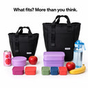 Compare what fits inside the large and small insulated tote lunch bags for adults for work and kids for school from the Spixal commute series 
