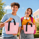 Compare the large and small pink insulated tote bags teens high school middle school from the Spixal commute series 