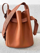 Evie Bucket Leather Crossbody Handbag Tan — Jacquard webbing strap | Spixal
