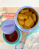 Large 800ml insulated food jar with snack container under lid | pack 12 chicken nuggets warm lunches plus sauce container purple | Spixal