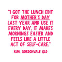 Pink text on a white background with a quote about a lunch edit for Mother's Day.