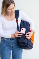 Navy blue orange large laptop backpack school bag for primary school middle school high school teens or adults | Phone pocket | Spixal