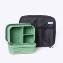 Green bento box and black bag with 'Spixal' branding on a white background