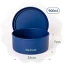 Spixal blue bento box with lid and measurements on a white background