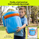 School boy holding extra large insulated food jar lunch container blue finally big enough for full sizes lunches for kids hot school lunches.